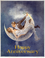 1920'S Couple in Crescent Moon-Anniversary Greeting Card (6 Cards Individually Bagged W/ Envelopes & Header)