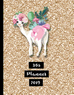 365 Planner 2019: Large Gold Glitter Cute Llama Organiser Planner 2019 Professional Diary