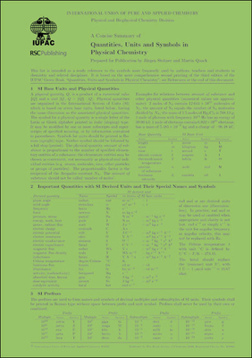 A Concise Summary of Quantities, Units and Symbols in Physical Chemistry - Stohner, Juergen, and Quack, Martin