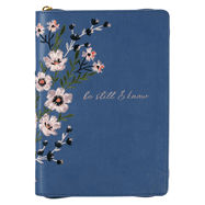 Classic Faux Leather Journal Be Still & Know Psalm 46:10 Blue Floral Embroidered Inspirational Notebook, Lined Pages W/Scripture, Ribbon Marker, Zipper Closure
