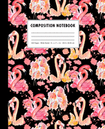 Composition Notebook: Hot Pink + Black Watercolor Flamingo Love Birds Pattern Cover - Wide Ruled