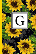 G: Floral Letter G Monogram Personalized Journal, Black & Yellow Sunflower Pattern Monogrammed Notebook, Lined 6x9 Inch College Ruled 120 Page Perfect Bound Glossy Soft Cover