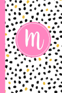 M: Confetti Polka Dot Letter M Monogram Personalized Journal, Black White & Pink Monogrammed Notebook, Lined 6x9 Inch College Ruled 120 Page Perfect Bound Glossy Soft Cover