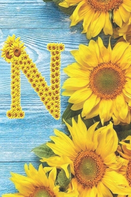 N: Sunflower Personalized Initial Letter N Monogram Blank Lined Notebook, Journal and Diary with a Rustic Blue Wood Background - Monogram Sunflower Journals