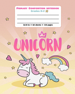 Primary Composition Notebook Grades K-2: Picture drawing and Dash Mid Line hand writing paper - Sleeping Unicorn Rainbow Design