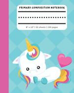 Primary Composition Notebook: With Picture Space - Unruled Top (Half Blank), Dotted Midline Ruled Bottom - Baby Unicorn Pink Heart Notebook with Blue Cover Early Creative Writing Story Journal for Kindergarten to 2nd Grade Elementary Students