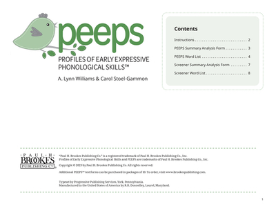 Profiles of Early Expressive Phonological Skills (Peeps) Forms - Williams, A Lynn, Dr., and Stoel-Gammon, Carol