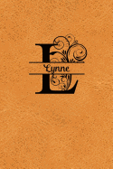 Split Letter Personalized Name Journal - Lynne: Elegant Flourish Capital Letter on Light Brown Leather Look Background