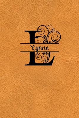 Split Letter Personalized Name Journal - Lynne: Elegant Flourish Capital Letter on Light Brown Leather Look Background - Spring Hill Stationery