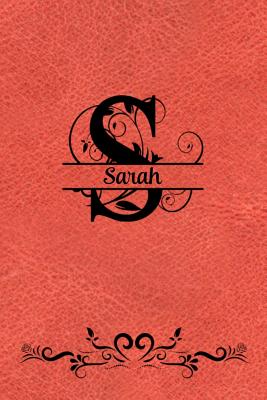 Split Letter Personalized Name Journal - Sarah: Elegant Flourish Capital Letter on Orange Leather Look Background - Spring Hill Stationery