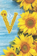 V: Sunflower Personalized Initial Letter V Monogram Blank Lined Notebook, Journal and Diary with a Rustic Blue Wood Background